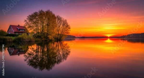 Fototapeta Vibrant Autumn Sunset Reflection Lake House Trees
