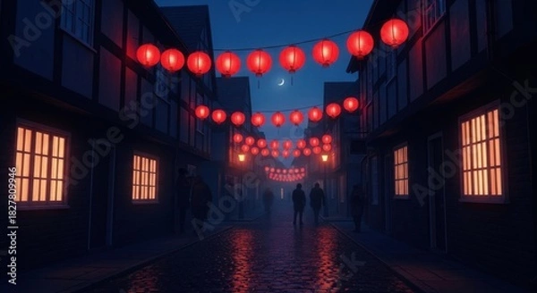 Fototapeta Night street adorned with glowing red lanterns and moon