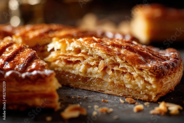 Obraz Galette des rois cut open showing almond frangipane filling on wooden table