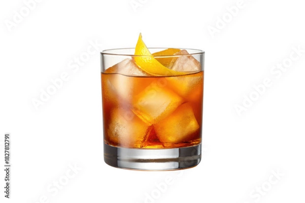 Fototapeta Classic old fashioned cocktail with orange peel isolated on transparent background
