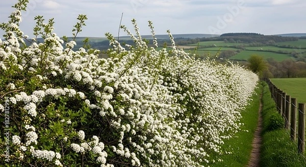 Fototapeta Blooming hawthorn hedge lines a rural path with rolling hills.