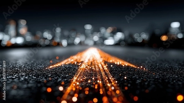 Obraz Abstract light trails on a dark road with city lights in the background.
