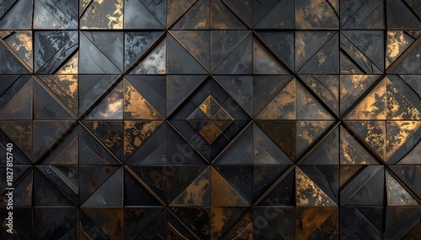 Obraz Metallic, geometric wall texture composed of triangular and square tiles, showcasing a gradient of dark greys and golds