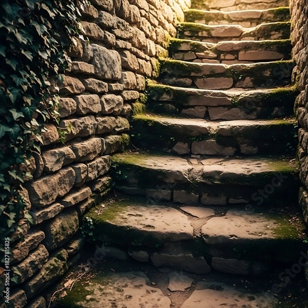Fototapeta Mossy stone steps ascend between ancient walls overgrown with ivy.