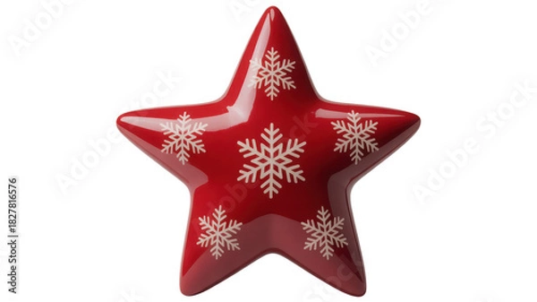 Obraz A single festive red star ornament decorated with white snowflake patterns isolated on transparent background