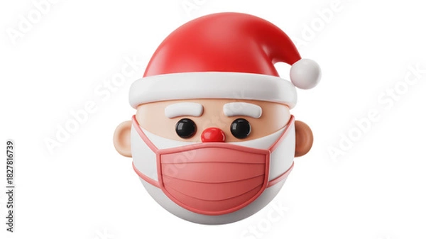 Obraz Cute cartoon 3d render of santa claus head wearing a protective face mask isolated on transparent background