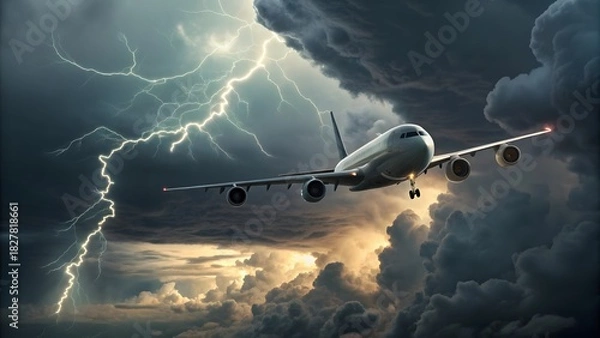 Fototapeta A cargo jet flying through dramatic storm clouds with lightning
