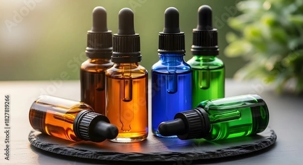 Fototapeta Colorful skincare serum bottles in a row on a black surface