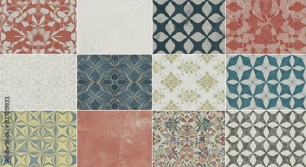 Fototapeta Collection of twelve diverse geometric and abstract patterned tiles.