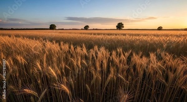 Fototapeta Golden wheat field glows at sunset with scattered trees under a calm sky.