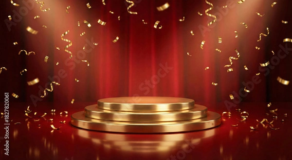 Fototapeta Golden podium on red stage with falling confetti