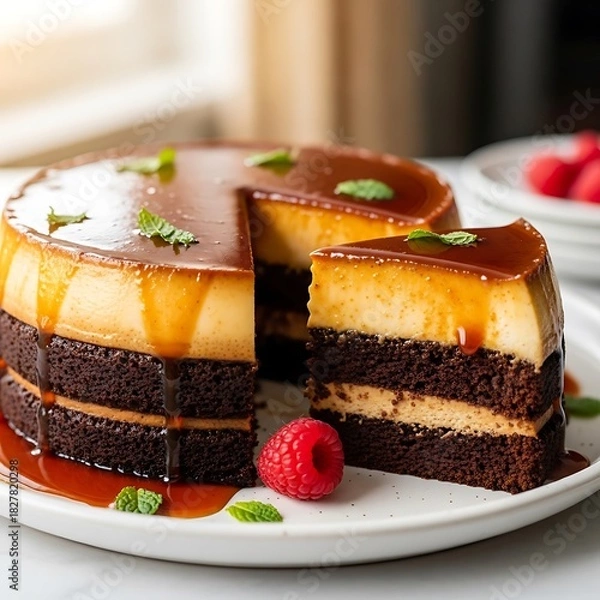 Fototapeta Layered chocolate cake with caramel flan topping and fresh mint.