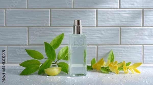 Obraz Minimalist Clinical Style Flat Lay of Clear Bottle with Leaves and Yellow Flowers