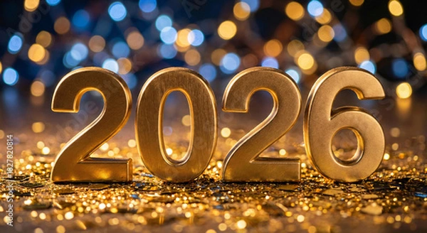 Fototapeta New year 2026 golden numbers with festive bokeh light