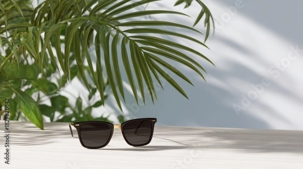 Obraz Minimal Scene with Bold Shadows of Palm Fronds and Stylish Sunglasses on Clean Surface