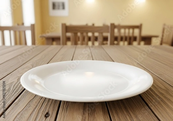 Fototapeta Empty white plate rests on a rustic wooden table in a dining room setting.