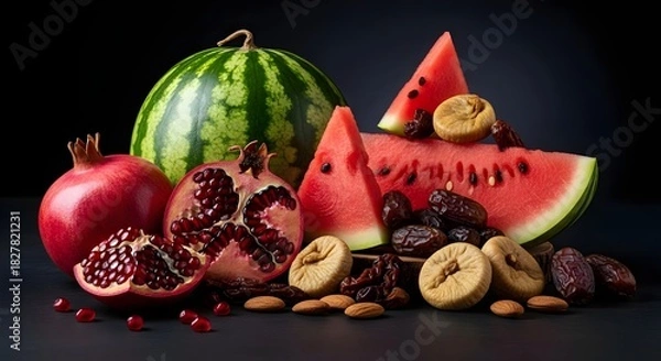 Obraz watermelon pomegranate, dried figs, dates and almond, Yalda night fruits, dark background