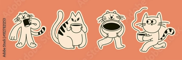 Fototapeta Vector logo and sticker design template, hand drawn doodle sketchy character and mascot, specialty coffee and cafe emblem, happy barista, latte, cappuccino, coffee cup mascot