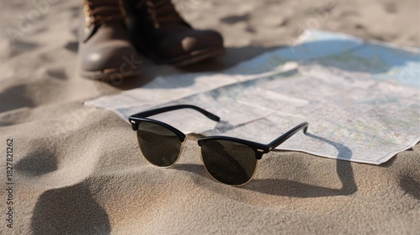 Obraz Minimalist Travel Flat Lay with Sunglasses and Map on Sandy Surface for Adventure Planning