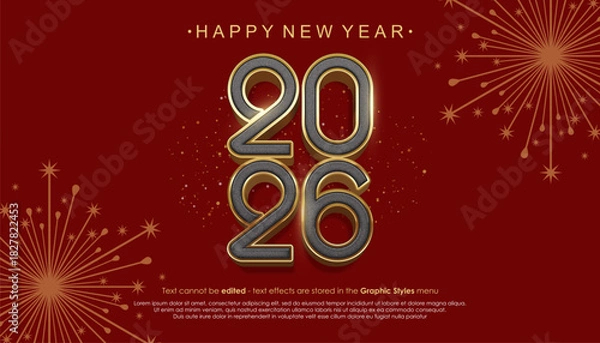 Fototapeta Happy New Year 2026 greeting card design with black gold color gradation