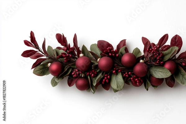 Obraz Elegant Burgundy Christmas Garland with Matte Ornaments and Seasonal Foliage on White Background