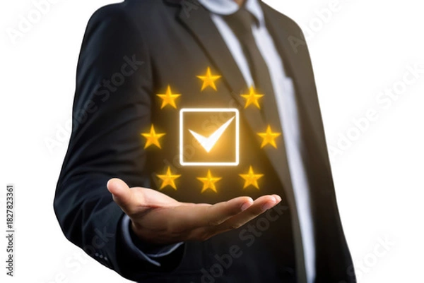 Fototapeta Businessman holding a glowing checkmark in a square with stars isolated on transparent background