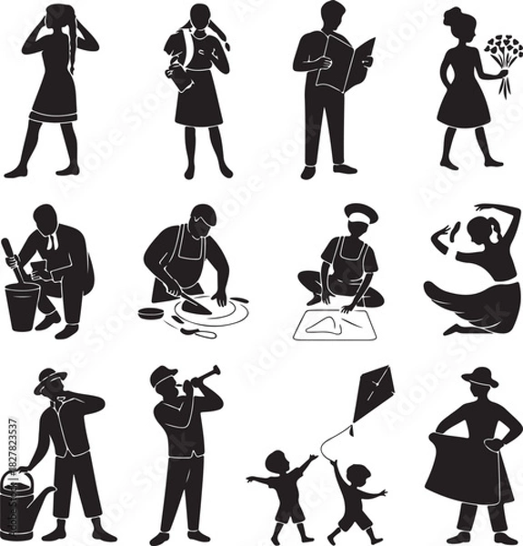 Fototapeta Collection of Silhouetted People Doing Different Activities Vector Graphic Art