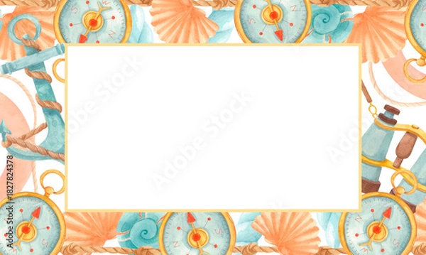 Fototapeta Marine watercolor frame with compass, binoculars, anchor, nautical ropes and seashells. Ocean border in soft blue and coral tones for summer invitations, cruise cards, travel templates, maritime decor