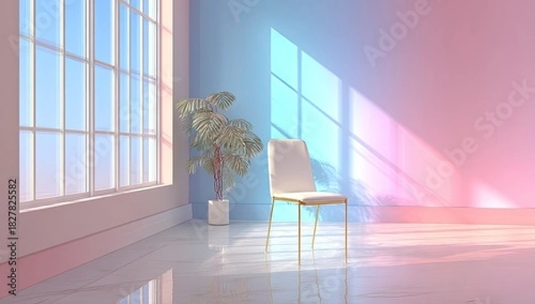 Fototapeta A minimalist room, featuring a chair, plant, and window, bathed in soft, colorful light