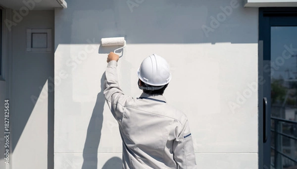 Obraz 壁面を塗装する日本人作業員の作業風景（室内・外壁のローラー塗り）