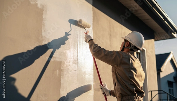 Obraz 壁面を塗装する日本人作業員の作業風景（室内・外壁のローラー塗り）