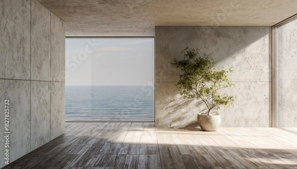 Fototapeta A minimal, empty interior space featuring ocean views and natural light