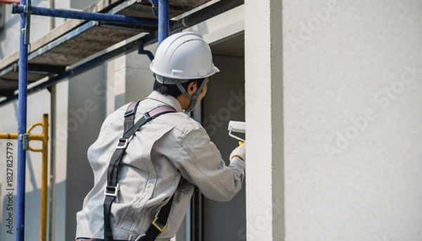 Obraz 壁面を塗装する日本人作業員の作業風景（室内・外壁のローラー塗り）