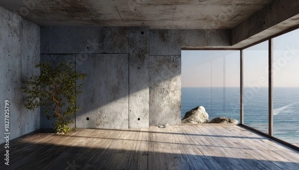 Fototapeta Empty, sunlit concrete room with a tree, large windows showcasing the vast ocean