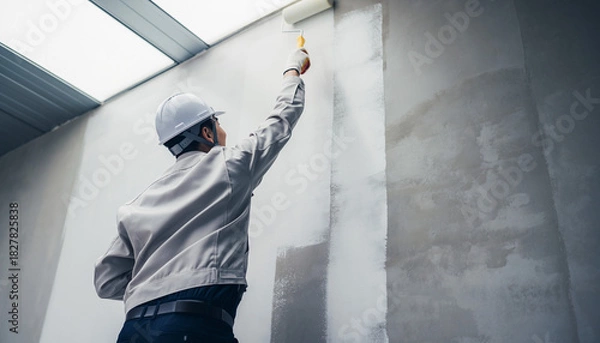 Obraz 壁面を塗装する日本人作業員の作業風景（室内・外壁のローラー塗り）
