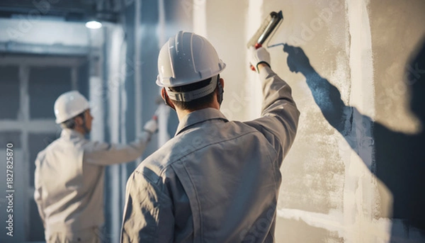 Obraz 壁面を塗装する日本人作業員の作業風景（室内・外壁のローラー塗り）