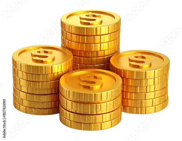 Fototapeta Stack of Gold Dollar Coins in Cute 3D Cartoon Plastic Style, Perspective View, Isolated