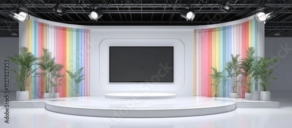 Fototapeta A modern studio stage design with a curved backdrop, plants, stage lights, and a large black screen