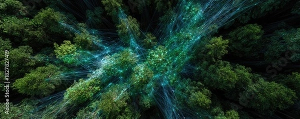 Fototapeta An aerial, top-down view of a dense forest, with glowing ethereal lines connecting the trees