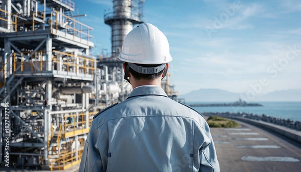 Obraz 配管エリアを巡回する日本人作業員の後ろ姿（屋外・海沿いプラント）
