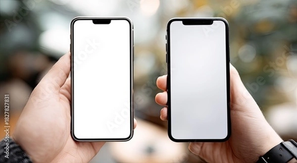 Obraz Two smartphones held by hands, blank screens