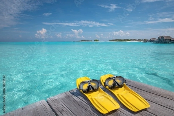 Fototapeta Yellow flippers and masks sit on a wooden dock overlooking a clear turquoise ocean
