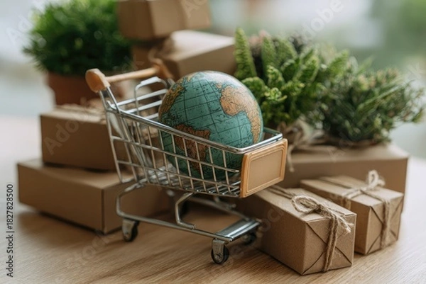 Fototapeta A miniature globe in a shopping cart, surrounded by gift boxes and plants, suggesting global commerce