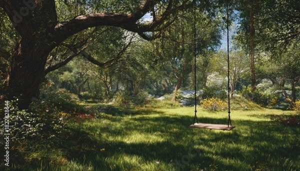 Fototapeta Sunlit forest scene with a rope swing hanging from a large tree branch. Lush vegetation