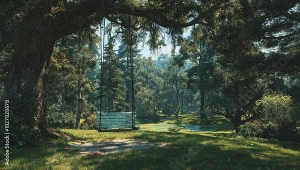 Fototapeta Scenic view of a wooden swing hanging from a large tree branch in a verdant forest
