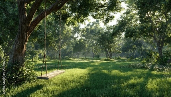 Fototapeta Peaceful, sunlit scene featuring a wooden swing suspended from a tree branch in a lush, green meadow
