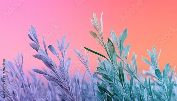 Fototapeta Pastel-hued image of delicate, leafy branches against a vibrant, gradient background