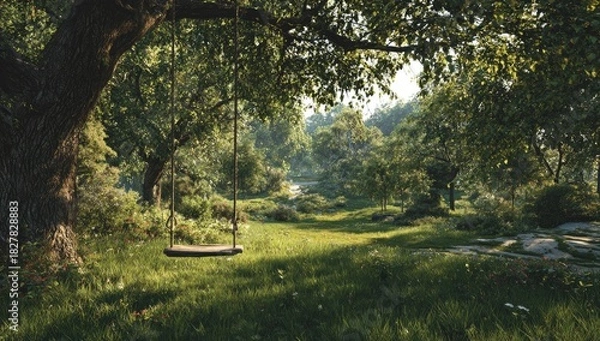Fototapeta Scenic view of a lush green meadow, a swing under a large tree, and a forest