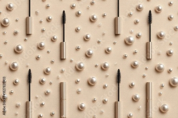 Fototapeta Flat lay with mascara tubes and faux pearls arranged in a repeating pattern on a beige surface