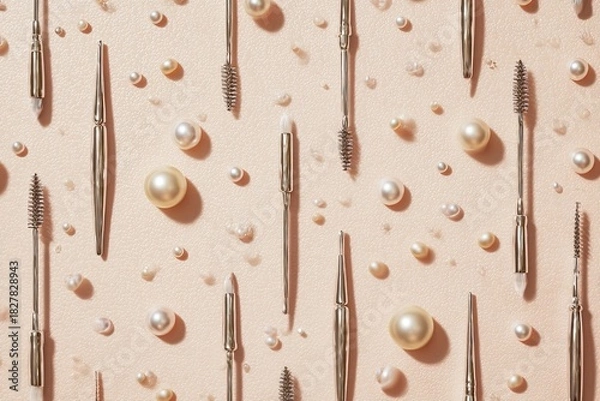 Fototapeta Flat lay featuring metallic makeup tools and pearls scattered on a pale pink surface